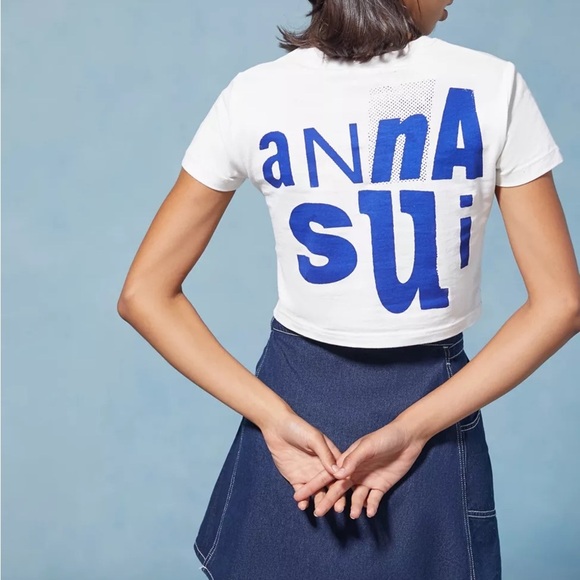 [S] Anna Sui & UO Cropped Tee CC Graphic Crop Top with Blue and Yellow Design - Picture 3 of 8